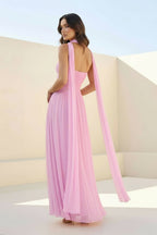 Pink Strapless A Line Chiffon Pleated Long Wedding Guest Dress - Curvevia