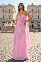 Pink Strapless A Line Chiffon Pleated Long Wedding Guest Dress - Curvevia