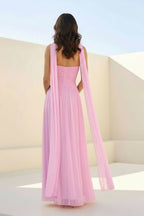 Pink Strapless A Line Chiffon Pleated Long Wedding Guest Dress - Curvevia