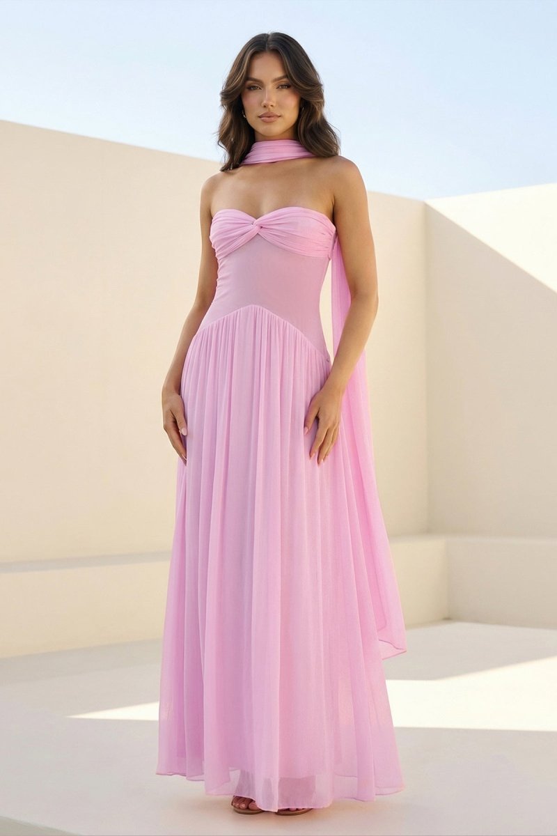 Pink Strapless A Line Chiffon Pleated Long Wedding Guest Dress - Curvevia