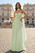 Pink Strapless A Line Chiffon Pleated Long Wedding Guest Dress - Curvevia