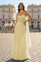 Pink Strapless A Line Chiffon Pleated Long Wedding Guest Dress - Curvevia