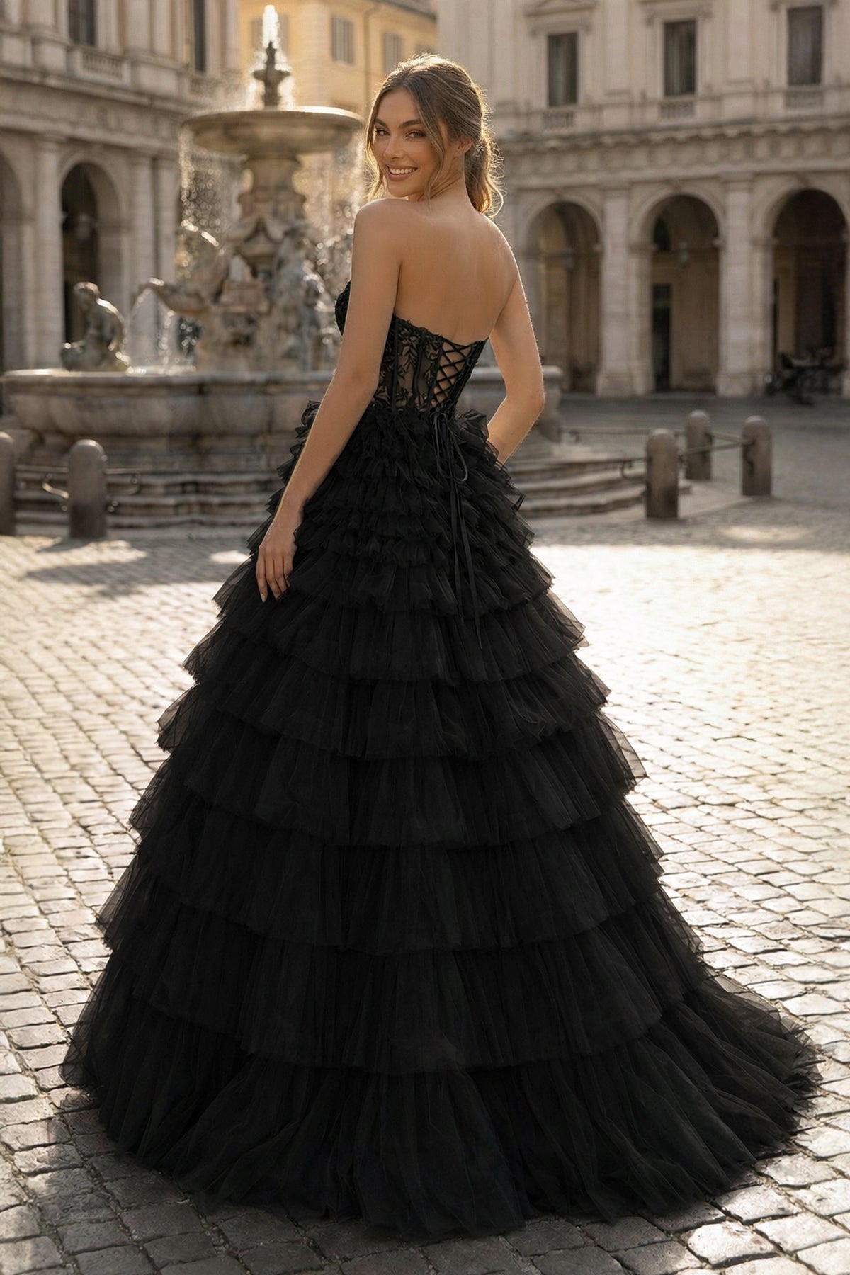 Yellow Sweetheart A Line Tiered Tulle Long Wedding Guest Dress - Curvevia