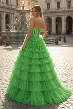 Yellow Sweetheart A Line Tiered Tulle Long Wedding Guest Dress - Curvevia