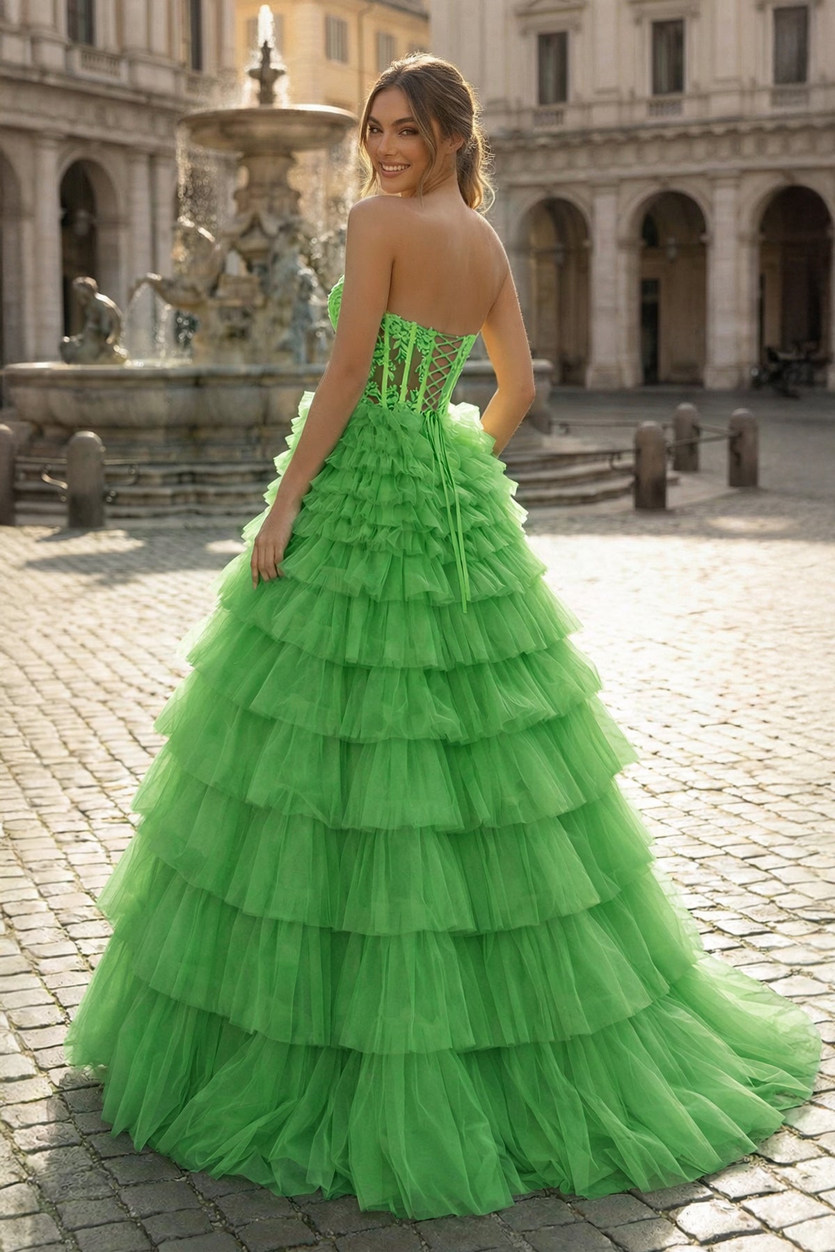 Yellow Sweetheart A Line Tiered Tulle Long Wedding Guest Dress - Curvevia