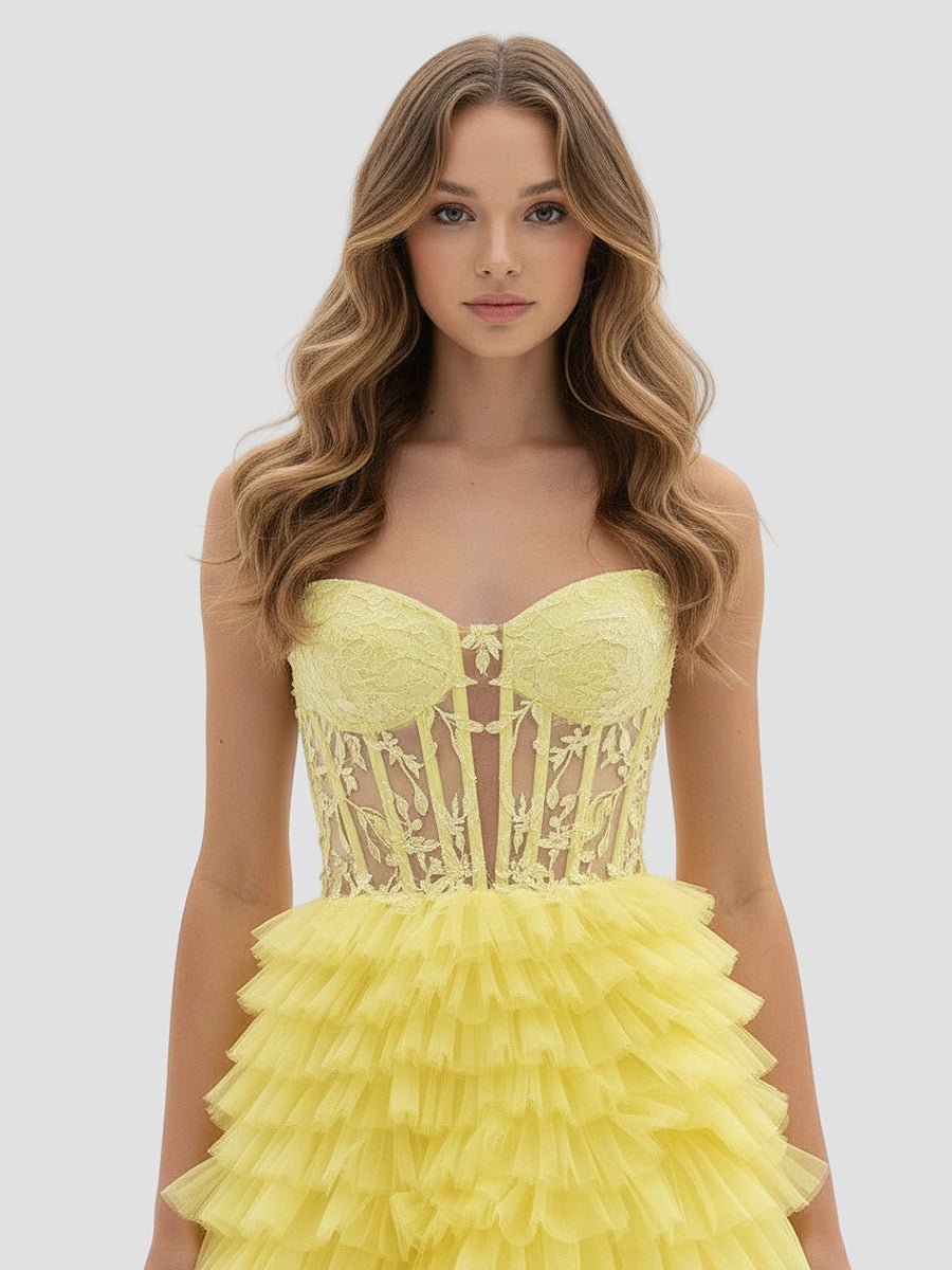Yellow Sweetheart A Line Tiered Tulle Long Wedding Guest Dress - Curvevia