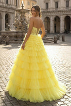 Yellow Sweetheart A Line Tiered Tulle Long Wedding Guest Dress - Curvevia
