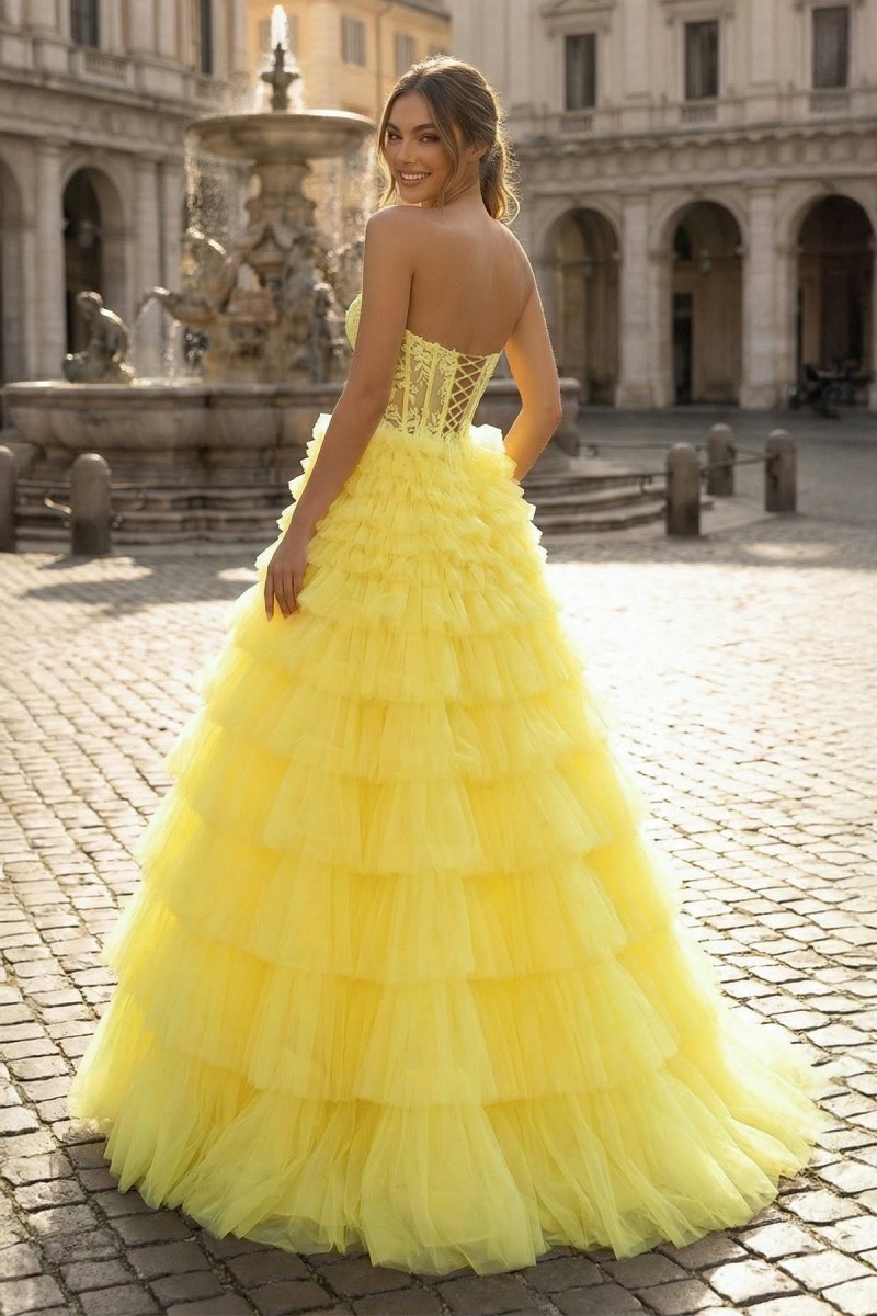 Yellow Sweetheart A Line Tiered Tulle Long Wedding Guest Dress - Curvevia