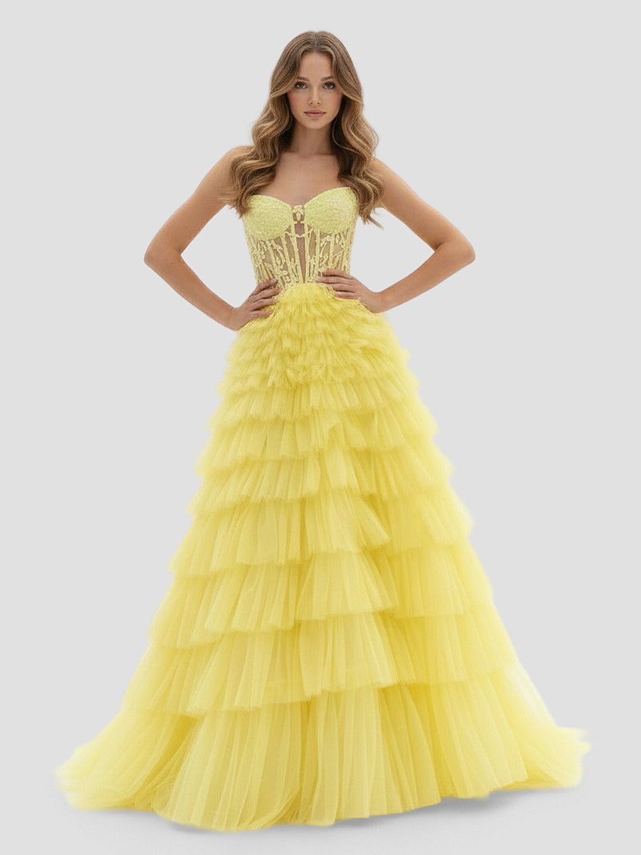 Yellow Sweetheart A Line Tiered Tulle Long Wedding Guest Dress - Curvevia