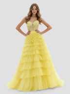 Yellow Sweetheart A Line Tiered Tulle Long Wedding Guest Dress - Curvevia