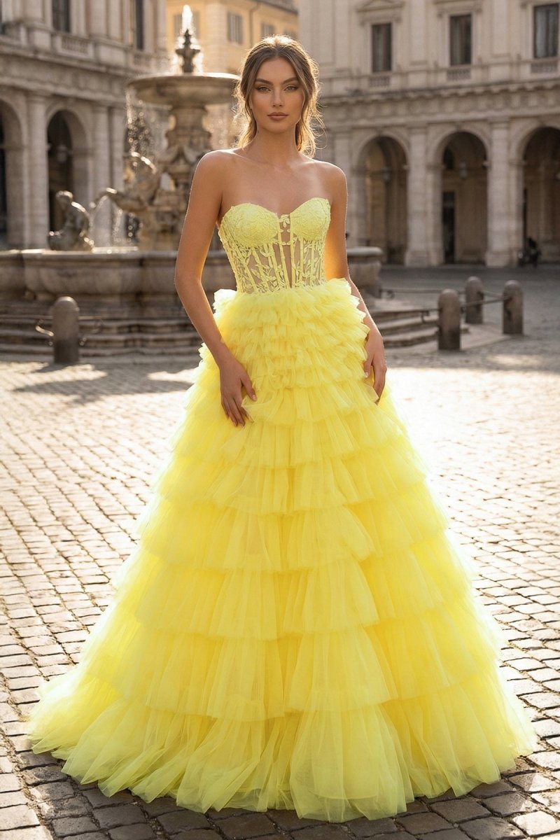 Yellow Sweetheart A Line Tiered Tulle Long Wedding Guest Dress - Curvevia