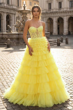 Yellow Sweetheart A Line Tiered Tulle Long Wedding Guest Dress - Curvevia