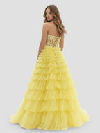 Yellow Sweetheart A Line Tiered Tulle Long Wedding Guest Dress - Curvevia