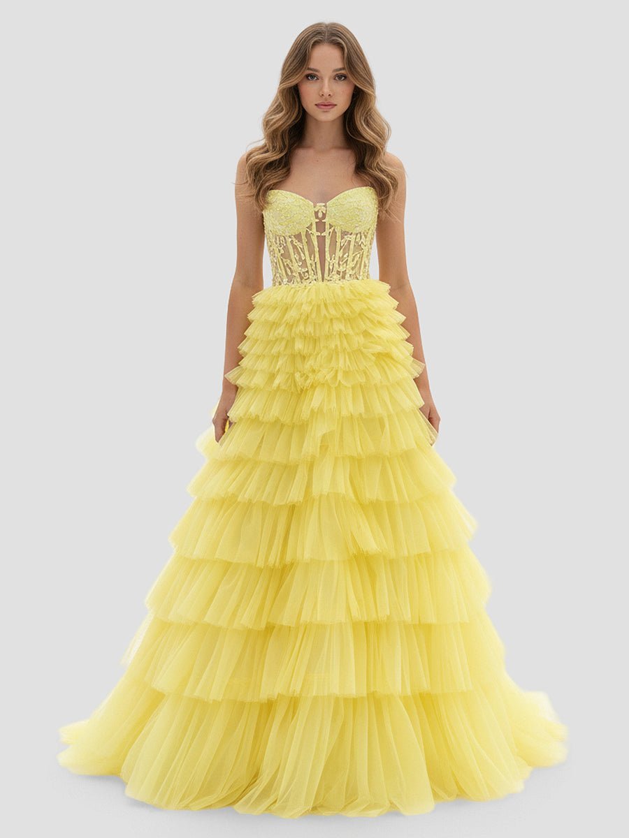 Yellow Sweetheart A Line Tiered Tulle Long Wedding Guest Dress - Curvevia