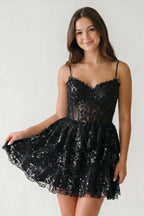 A- Line Sky Blue Sequins Multi-Layers Short Homecoming Dress - Curvevia