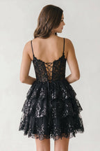 A- Line Sky Blue Sequins Multi-Layers Short Homecoming Dress - Curvevia