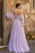 Lavender A-Line Strapless Tulle Prom Dress with 3D Flowers - Curvevia