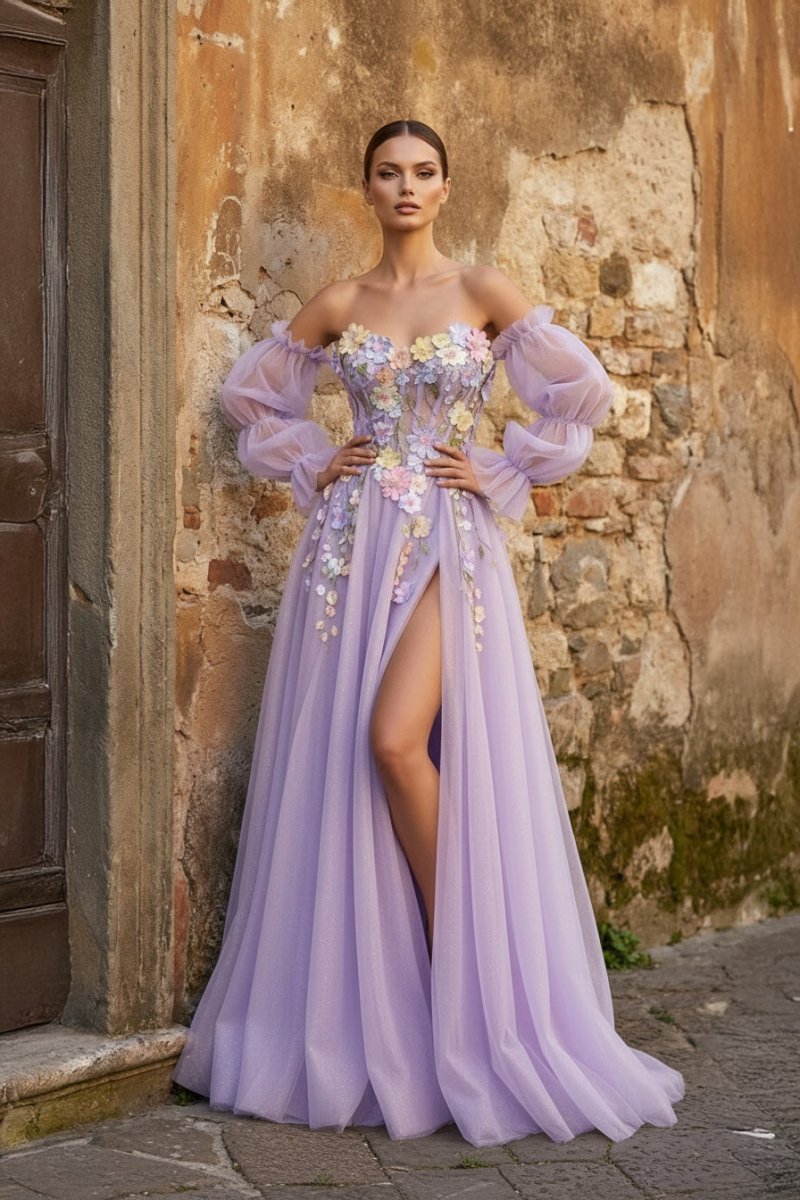Lavender A-Line Strapless Tulle Prom Dress with 3D Flowers - Curvevia