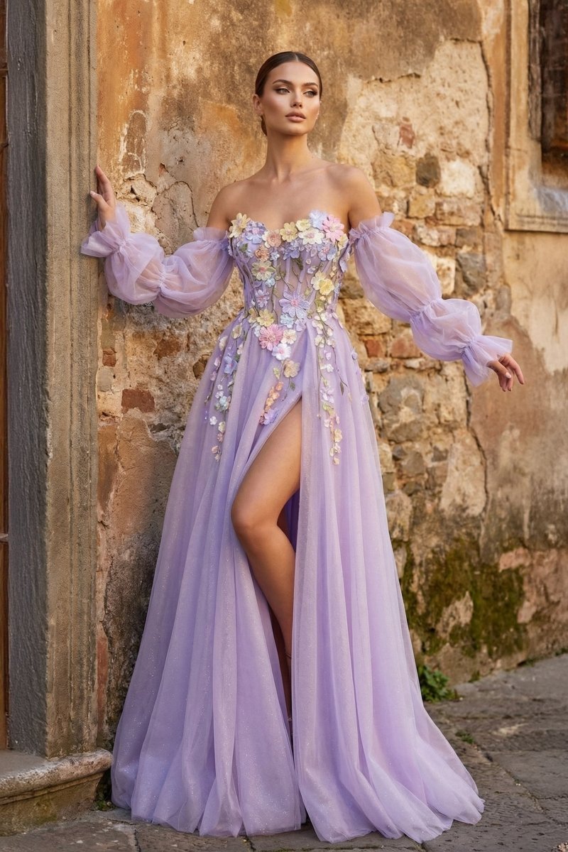 Lavender A-Line Strapless Tulle Prom Dress with 3D Flowers - Curvevia