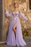 Lavender A-Line Strapless Tulle Prom Dress with 3D Flowers - Curvevia