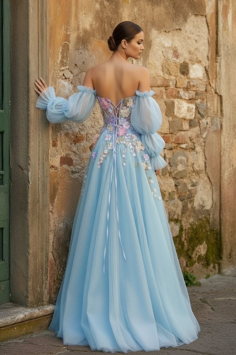 Lavender A-Line Strapless Tulle Prom Dress with 3D Flowers - Curvevia