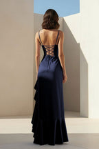 Lavender Spaghetti Straps Sheath Satin Pleated Wedding Guest Dress With Ruffles - Curvevia