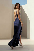 Lavender Spaghetti Straps Sheath Satin Pleated Wedding Guest Dress With Ruffles - Curvevia