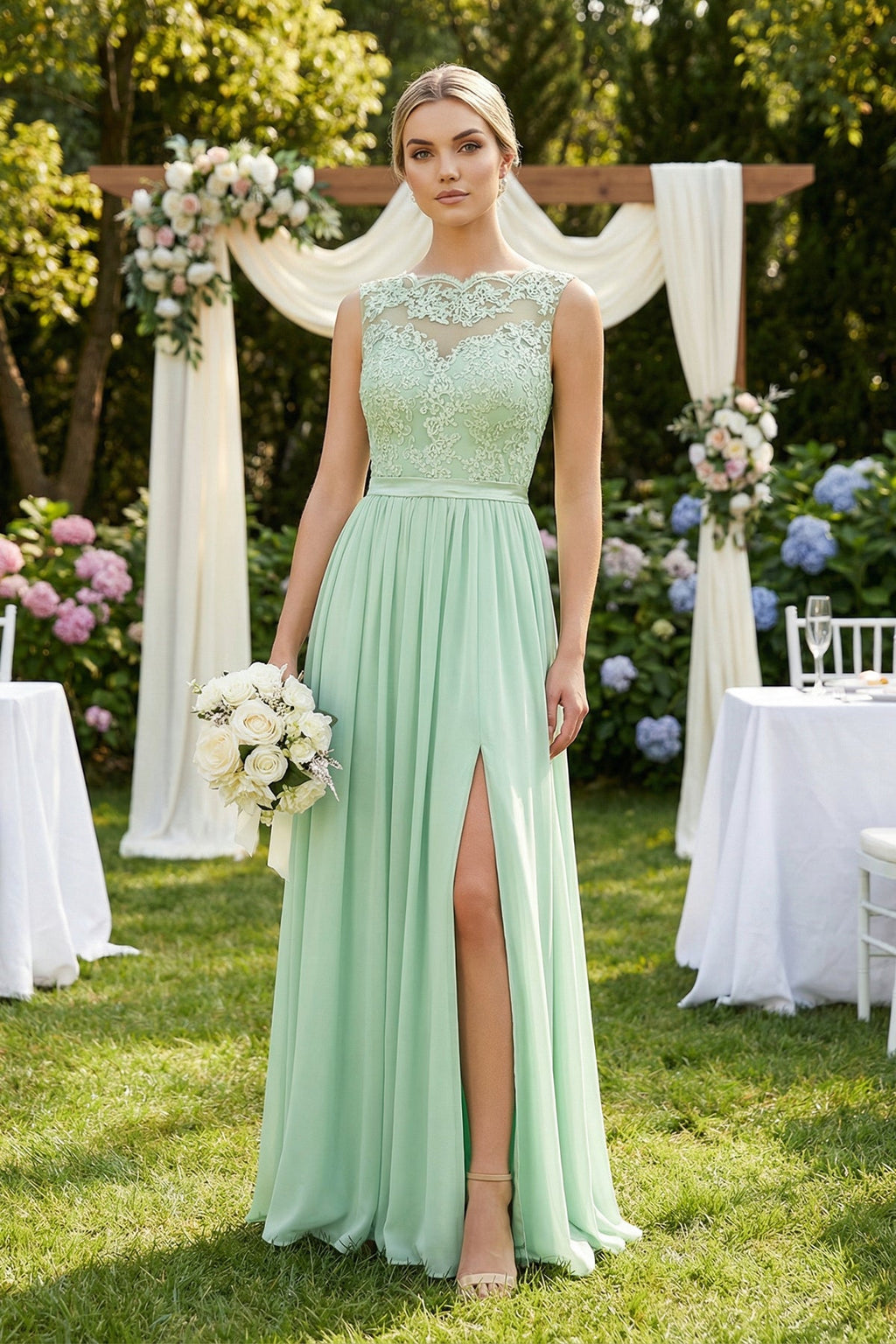 Lace A-Line Bateau Neck Chiffon Long Mother of the Bride Dress in Pale Pistachio - Curvevia