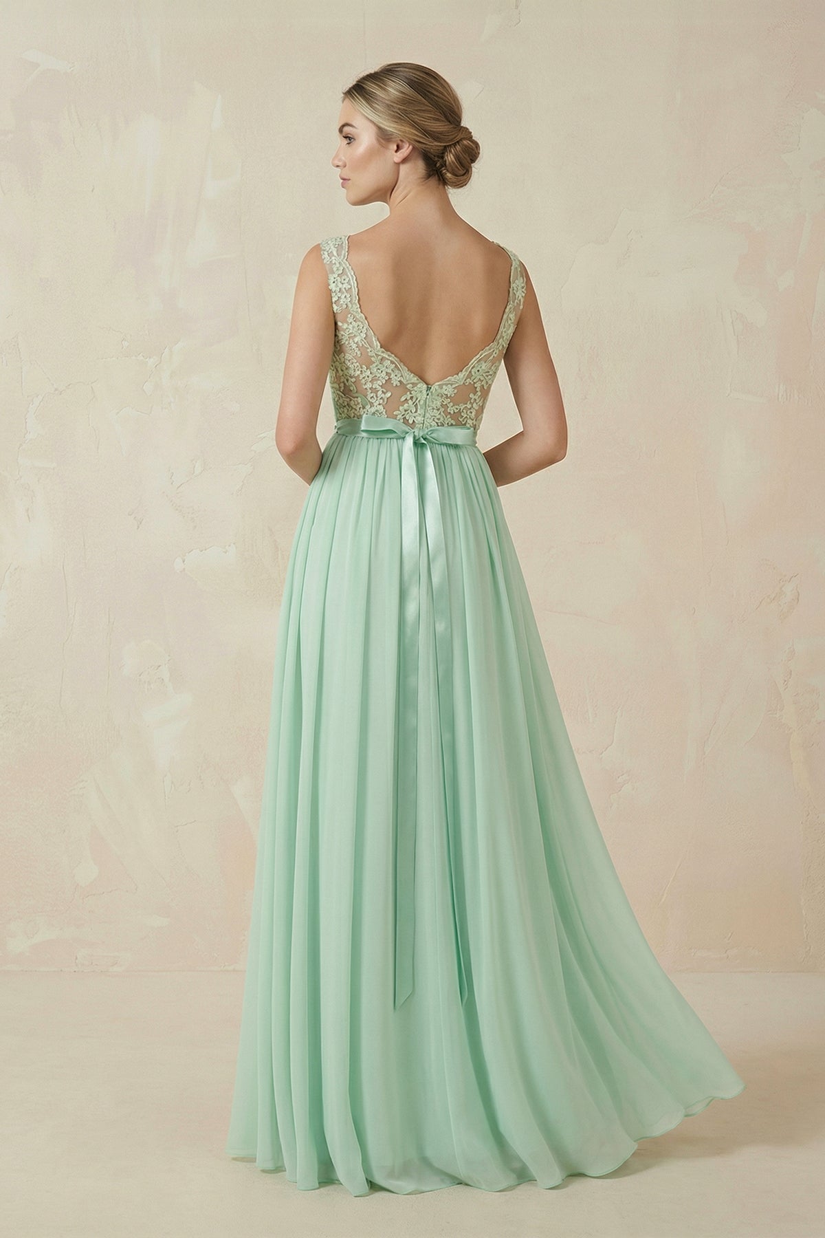 Lace A-Line Bateau Neck Chiffon Long Mother of the Bride Dress in Pale Pistachio - Curvevia