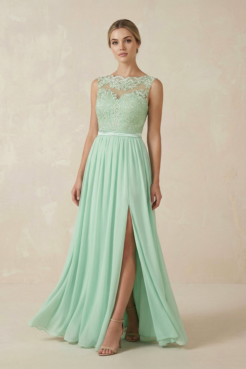 Lace A-Line Bateau Neck Chiffon Long Mother of the Bride Dress in Pale Pistachio - Curvevia