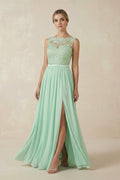 Lace A-Line Bateau Neck Chiffon Long Mother of the Bride Dress in Pale Pistachio - Curvevia