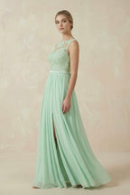 Lace A-Line Bateau Neck Chiffon Long Mother of the Bride Dress in Pale Pistachio - Curvevia