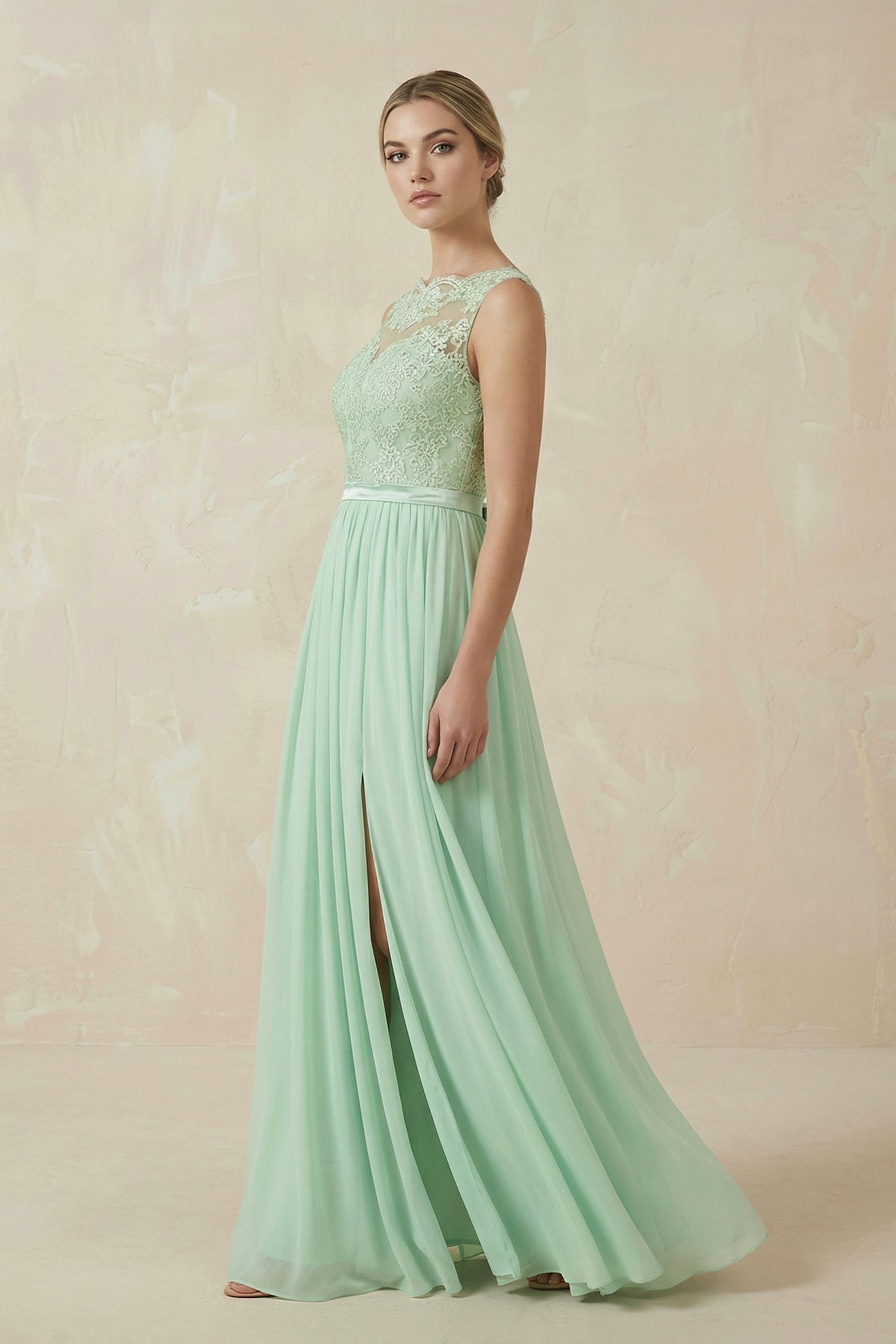 Lace A-Line Bateau Neck Chiffon Long Mother of the Bride Dress in Pale Pistachio - Curvevia