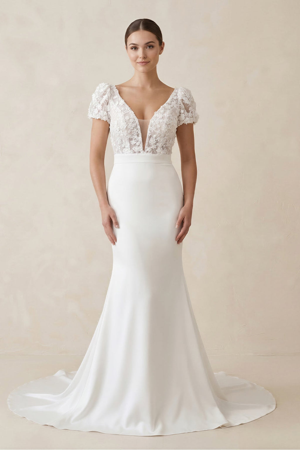 Lace Cap Sleeve Satin V-Neck Mermaid Wedding Dress in White - Curvevia