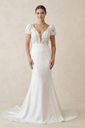 Lace Cap Sleeve Satin V-Neck Mermaid Wedding Dress in White - Curvevia