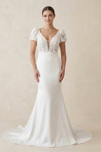 Lace Cap Sleeve Satin V-Neck Mermaid Wedding Dress in White - Curvevia
