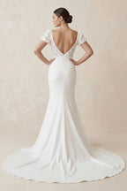 Lace Cap Sleeve Satin V-Neck Mermaid Wedding Dress in White - Curvevia