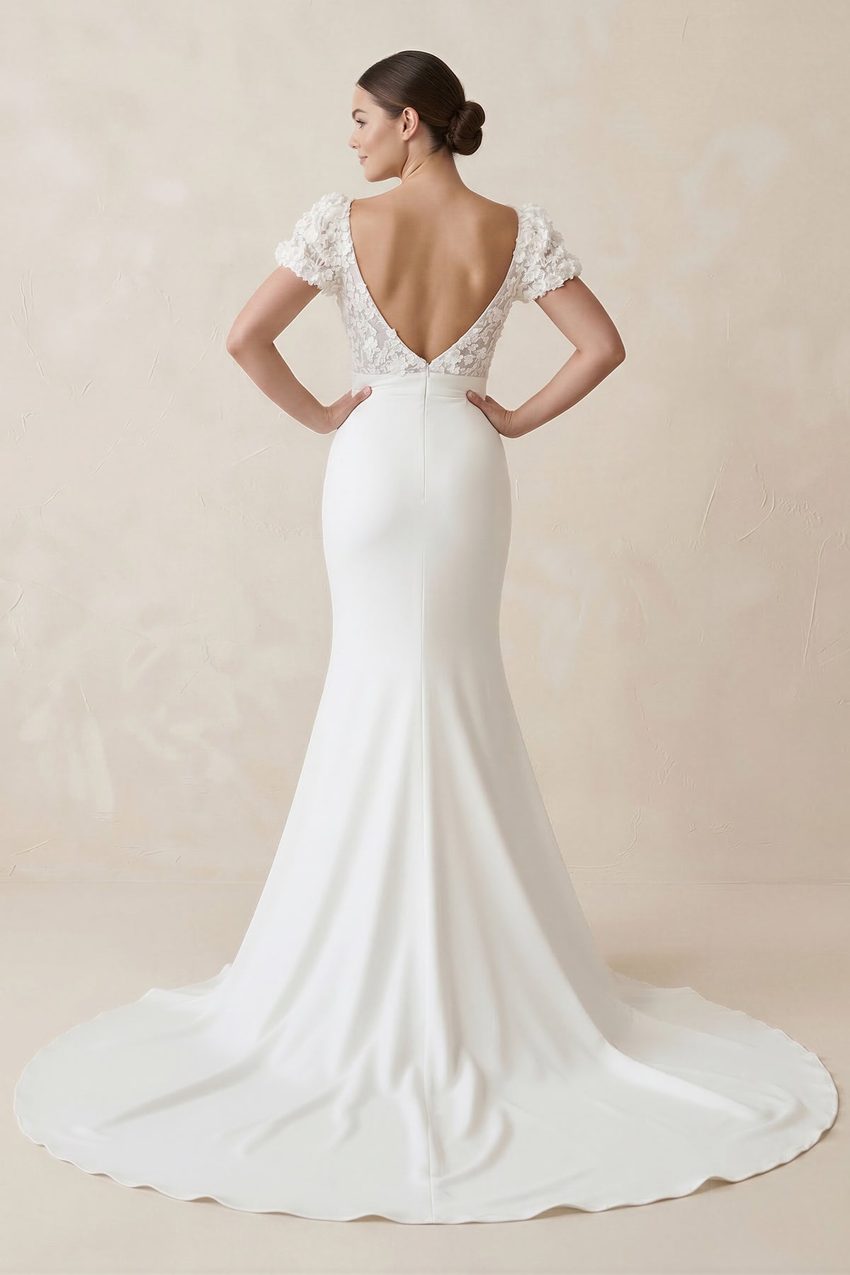 Lace Cap Sleeve Satin V-Neck Mermaid Wedding Dress in White - Curvevia