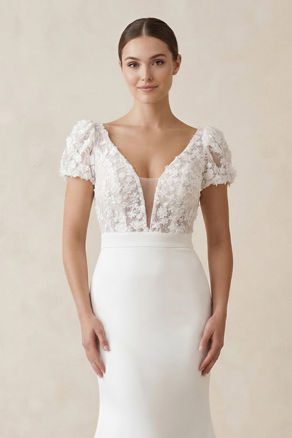 Lace Cap Sleeve Satin V-Neck Mermaid Wedding Dress in White - Curvevia