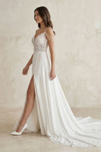 A-Line V-Neck Sweep Train Wedding Dress With Lace Split Front - Curvevia