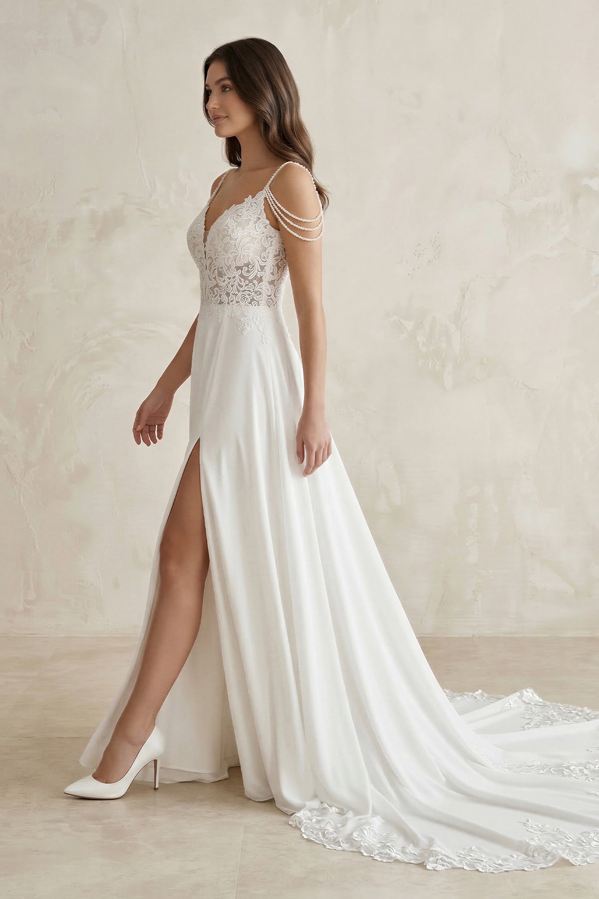 A-Line V-Neck Sweep Train Wedding Dress With Lace Split Front - Curvevia