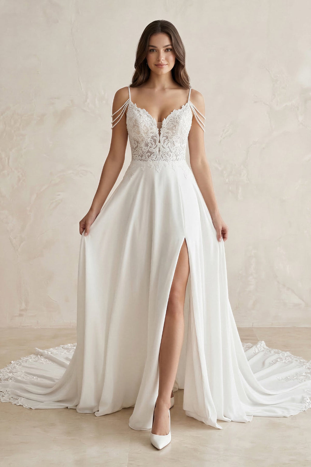 A-Line V-Neck Sweep Train Wedding Dress With Lace Split Front - Curvevia