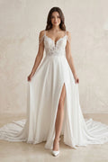 A-Line V-Neck Sweep Train Wedding Dress With Lace Split Front - Curvevia