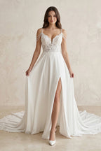 A-Line V-Neck Sweep Train Wedding Dress With Lace Split Front - Curvevia