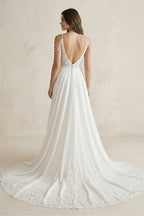 A-Line V-Neck Sweep Train Wedding Dress With Lace Split Front - Curvevia