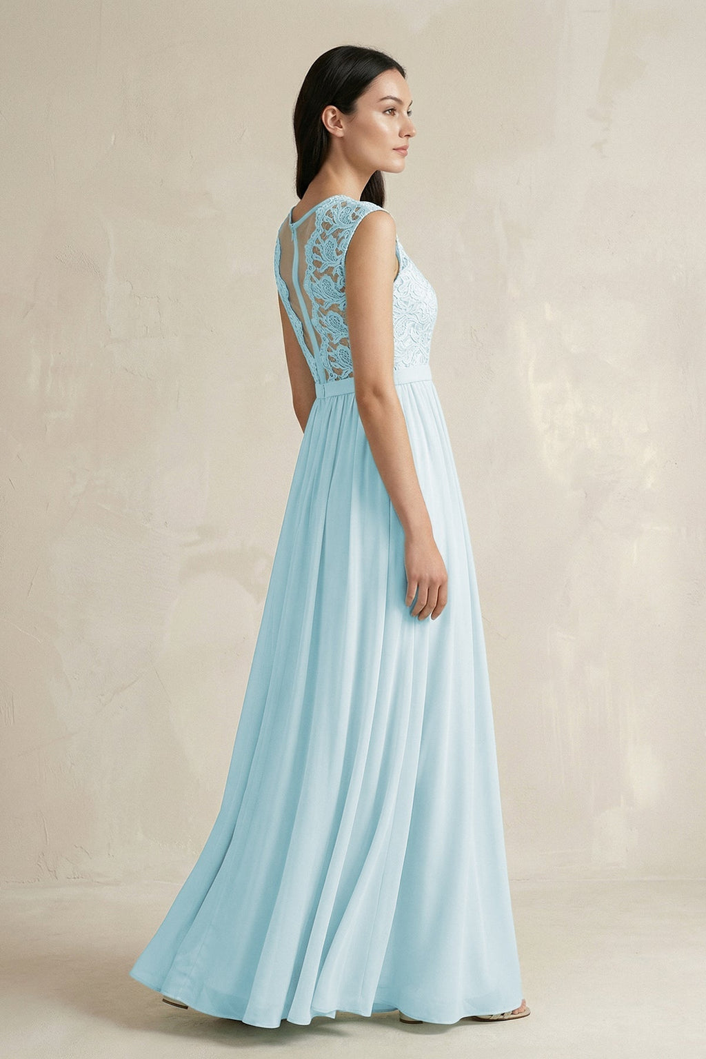 Lace Chiffon A-Line Round Neck Mother of the Bride Dress in Sky Blue - Curvevia