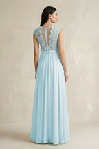 Lace Chiffon A-Line Round Neck Mother of the Bride Dress in Sky Blue - Curvevia