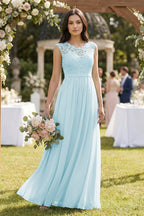 Lace Chiffon A-Line Round Neck Mother of the Bride Dress in Sky Blue - Curvevia