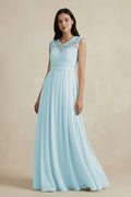 Lace Chiffon A-Line Round Neck Mother of the Bride Dress in Sky Blue - Curvevia