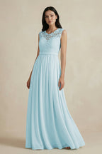 Lace Chiffon A-Line Round Neck Mother of the Bride Dress in Sky Blue - Curvevia
